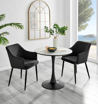 Furniturebox Elina White Marble Effect Scratch Resistant Dining Table & 2 Calla Velvet Black Leg Chairs