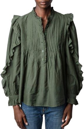 Zadig&Voltaire Timmy Tomboy Ruffle Cotton Blend Blouse in Kaki at Nordstrom, Size X-Small