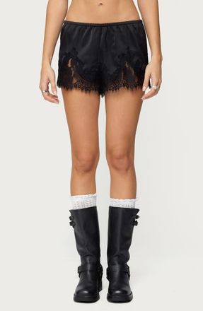 Edikted Reisa Lace & Satin Shorts in Black at Nordstrom, Size X-Large