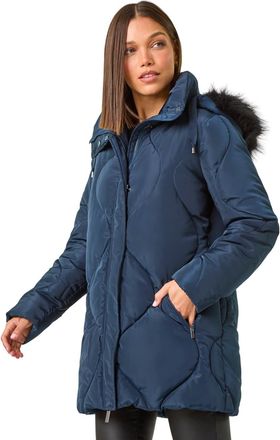 Roman Womens Quilted Faux Fur Hooded Coat - Blue - Size 10 UK
