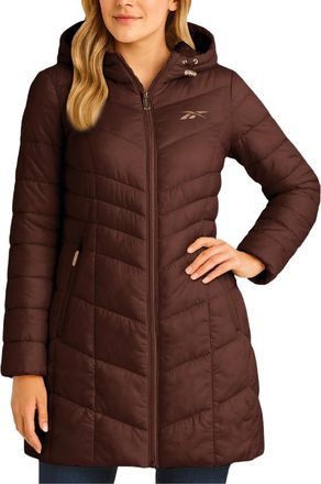 Reebok Womens Puffer Jacket - Long Quilted Hooded Winter Coat for Women - Lightweight Packable Outerwear Jackets for Women, Truffle, M