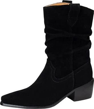 Generic Womens Mid Calf Western Boots Pointed Toe High Block Heel With Sewing Detail Slip On Retro Style Cowboy Booties
