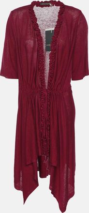 424 Marina Rinaldi Burgundy Stretch Knit Ruffle Edge Drawstring Cardigan