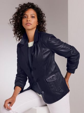 Mainpol Lederblazer MAINPOL Lammnappa-Lederblazer, Damen, Gr. 36, marine, 100% Lammnappaleder, Blazer Lederblazer