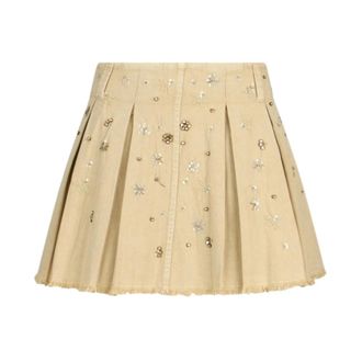 Liu Jo Short Skirts, female, Beige, Size: M Pleated Cotton Drill Mini Skirt with Jewel Embroidery