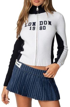 Edikted London High Neck Cardigan in Navy-And-White at Nordstrom, Size Medium