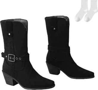 Generic Womens Western Ankle Boots in Suede Look, Fashionable Mid-Calf Boots with Buckle Straps And Comfortable Block Heel, Plus Size Non-Slip Cowboy Boots fo