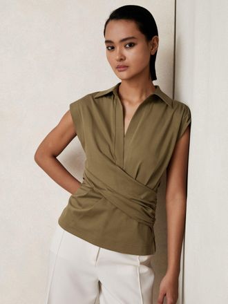 Reiss Khaki Green Stretch-cotton Wrap-front Collar Top, XS
