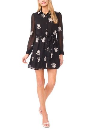 CeCe by Cynthia Steffe Embroidered Floral Long Sleeve Mini Shirtdress in Rich Black at Nordstrom, Size X-Large