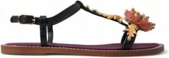 Dolce & Gabbana Elegante platte sandalen met kristalversiering - Dames - Sandalen - Zwart - 36 1/2 EU - Leer - Schoenen