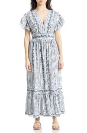 Max Studio Flutter Sleeve Maxi Dress in Ecru/Blue Ditsy at Nordstrom Rack, Size X-Large