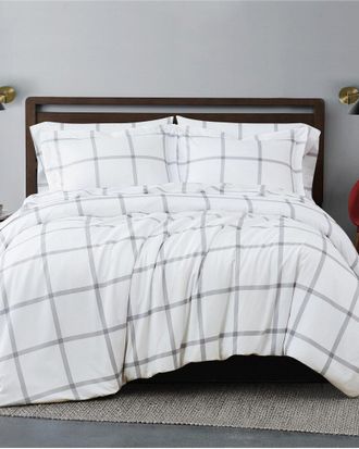 Truly Soft Printed Windowpane White Grey 3Pc Duvet Cover Set