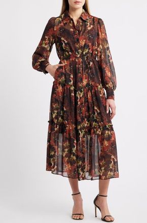 Julia Jordan Floral Long Sleeve Tiered Chiffon Shirtdress in Brown Multi at Nordstrom, Size X-Small
