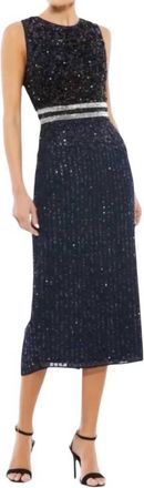 Mac Duggal Womens Sequin Beaded Waist Midi Sheath Dress In Navy