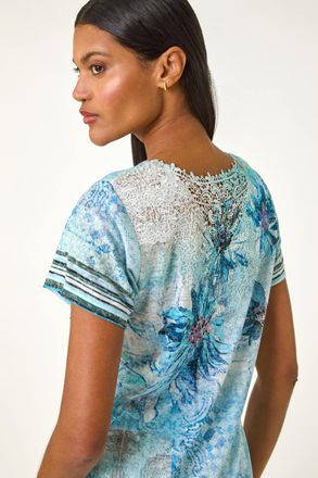 Roman Floral Sparkly Contrast Stretch Top
