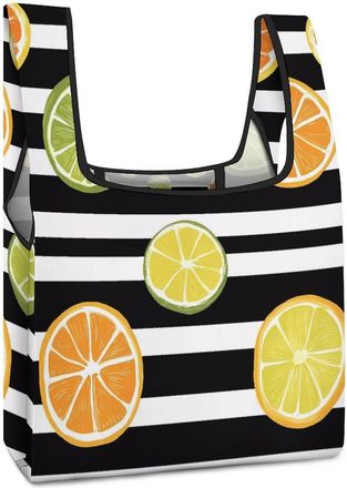 Generic Orange Lemon Slices Black And White Strip Reusable Shopping Bags Lightweight Foldable Grocery Bag Polyester Washable Tote Bag