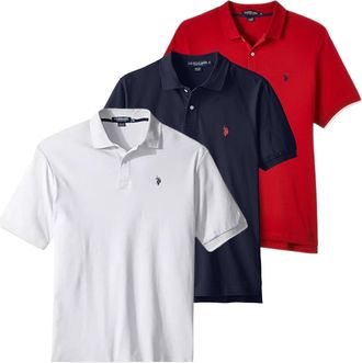 U.S.Polo Association Mens Classic Polo Shirt, Two-Button Closure Pique Polo Shirt, Summer Fashion Golf Shirt, Classic Navy/White/Engine Red, S