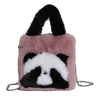 Generic Women Panda Furry Shoulder Bag with Chain Strap Fluffy Panda Crossbody Bag Large Capacity Cute Panda Bucket Bag Ladies Outdoor Bag (Pink)