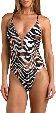 Sunshine 79 Nightlife Plunge One-Piece Swimsuit in Brown Multi at Nordstrom, Size 10