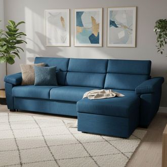 Dmora Sof&aacute; Cama Con Chaise Longue Priverno, Desenfundable, Con Almacenaje Made In Italy, Repelente Al Agua, 285x160 Cm Azul