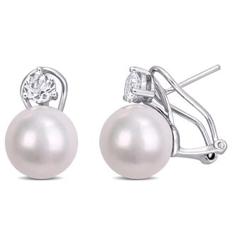 Amour 11-12mm Cultured Freshwater Pearl and 1 1/6 CT TGW White Topaz Earrings In Sterling Silver