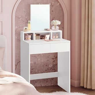 Vasagle Modern Makeup Station Mirrored Vanity Setup Storage Solutions in White