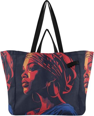 Generic African Woman Red print Reusable Canvas Tote Bag, Heavy Duty Grocery Shopping Bag with Large Capacity Hard Bottom Double Handles Work Groceries Travel