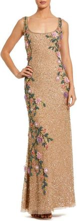 Mac Duggal Embellished Mesh Gown with Scoop Neck and Floral Beading in Gold Multi at Nordstrom, Size 10