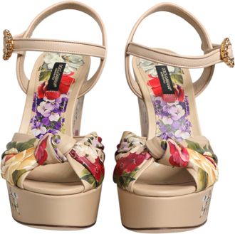 Dolce & Gabbana Beige Floral Ankle Strap Wedge Sandals Womens Shoes