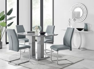 Furniturebox Imperia Grey High Gloss 4 Seater Dining Table with Structural 2 Plinth Column Legs 4 Soft Faux Leather Lorenzo Chairs