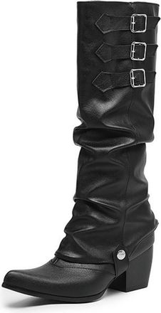 Generic Womens 2-In-1 Boots, Convertible Knee-High & Ankle Boots Made of PU Leather Slouch Boots with Block Heel And Multiple Buckles Pointed Toe Slip-On Boot