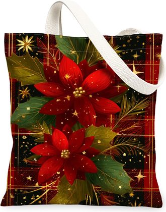 Generic Christmas Floral Canvas Tote Bags, Elegant Plant Design Reusable Bags, Chic Lightweight Washable Shoulder Strap Canvas for Travel Beach Gifts 13x15 In