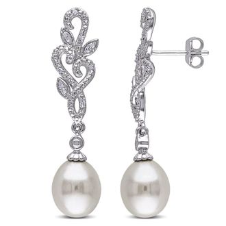 Amour 1/10 CT TW Diamond and 8.5 - 9 Mm White Cultured Freshwater Pearl Curlicue Leaf Drop Earrings In Sterling Silver