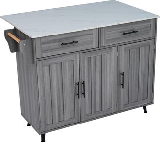 STILVORA Carro De Cocina Con 2 Cajones, 3 Huecos, Encimera Extensible, Toallero Y Ruedas, En Mdf, Gris Y Blanco