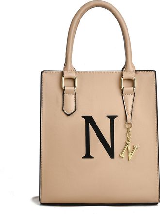 I Ihayner Women Tote Bag Personalized Initial Top Handle Bag for Women Small Leather Handbags with Letter Pendant, Khaki-n, Medium