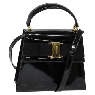 Ferragamo Vintage Vara Bow Top Handle Patent Leather Black Patent_Leather Handbag (Pre-Owned)