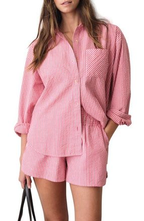 Marine Layer Gracey Stripe Oversize Cotton & Kapok Seersucker Button-Up Shirt in Pink Stripe at Nordstrom, Size X-Small