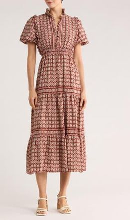 Max Studio Ruffle Bubble Sleeve Tiered Maxi Dress in Orange Brick/Firelilly at Nordstrom Rack, Size X-Small