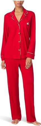 Lauren Ralph Lauren Long Sleeve Notch Collar Knit PJ Set Womens Pajama Sets Crimson : LG (US 12-14), Cotton/Viscose