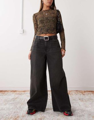 Monki Giga ultra wide low rise jeans in washed black