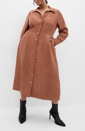 City Chic Leah Long Sleeve Corduroy Midi Dress in Cognac at Nordstrom, Size Xs