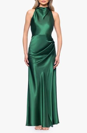 Betsy & Adam Ruched Sleeveless Satin Charmeuse Gown in Hunter at Nordstrom, Size 0