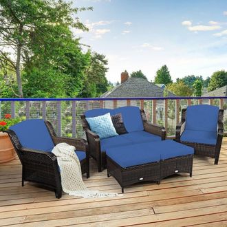 Costway Costway 5PCS Patio Furniture Set Garden Rattan Conversation Sofa Set W/Cushion in Navy
