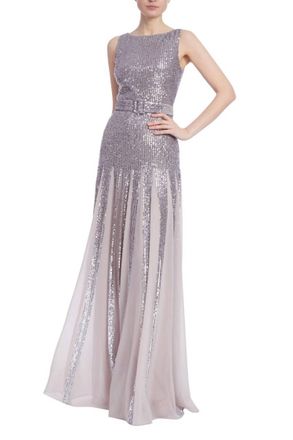 Badgley Mischka Sleeveless Sequin Gown In Pewter