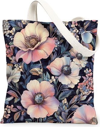 Generic Spring Aesthetic Poppy Canvas Tote Bag for Shopping 13x15, Retro Flower Garden Reusable Grocery Print Pattern Bag for Women, Floral Wildflower Beach A