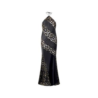 Roberto Cavalli Gowns, female, Black, Size: M Long See-Through Dress With Leopard Print Pattern