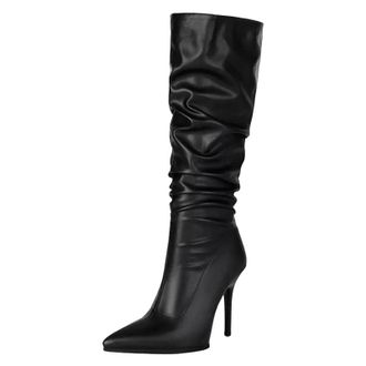 Generic Womens Sexy Knee High Boots Pointed Toe Super High Square Heel With Side Zipper And Pleated Shaft For Banquets