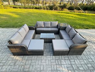Fimous Outdoor Garden Furniture Sets 11 Seater Wicker Rattan Furniture Sofa Sets w/ Rectangular Coffee Table 3 Seater Sofa Side Table 2 Big Footstool
