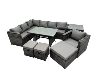 Fimous 10-seater Outdoor Rattan Sofa Set with with Chair 3 Stools Side Table in Dark Grey
