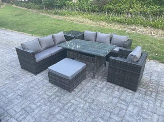 Fimous 8 Seater Outdoor Lounge Sofa Garden Furniture Set Patio Chair Rattan Rectangular Dining Table in Dark Grey